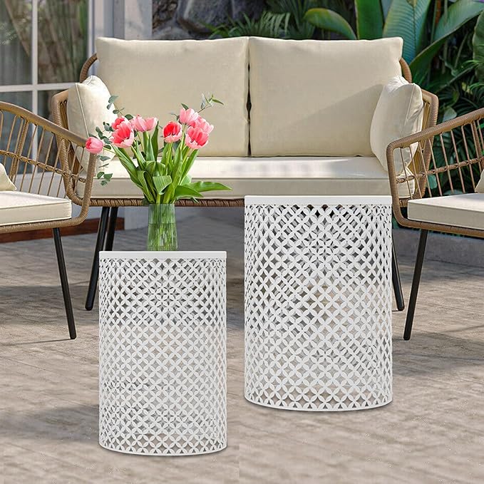Metal Frame Accent Table,Cylindrical Outdoor Side Table,Decorative Garden Stool,Set of 2 Nesting Side Table,Modern Decorative Garden Stool for Patio Balconies Cafes Parks (2, White)