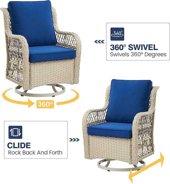 GarveeHome 3 Piece Outdoor Patio Set, Wicker Rocking Bistro Set with 2 Swivel Chairs & Tempered Glass Top Table, Rattan Outdoor Furniture with Cushions for Patio Porch Backyard