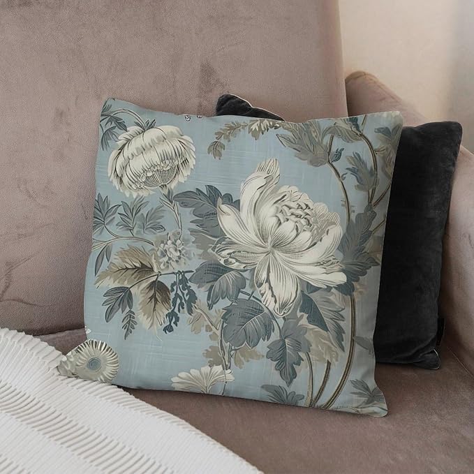 Spa On Flax Blue Chinoiserie Pillow Cover Grey Peony Asian Throw Pillow Cover Rustic Throw Pillow Covers Farmhouse Decorative for Sofa Bed Chair Car 22x22 in