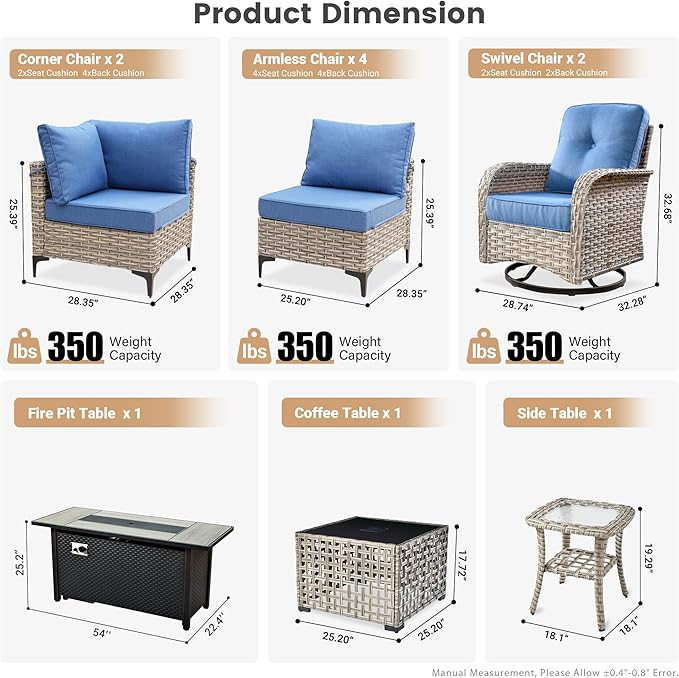Outdoor Patio Furniture Sets,11 PCS Patio Conversation Set Outside Rattan Sectional Sofa with 54 in Fire Pit Table Wicker Rocking Chair Coffee Table Fit Backyard Porch Garden Poolside Balcony