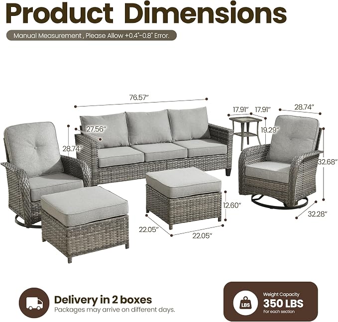 6 Piece Wicker Patio Furniture with Swivel Rocker Chair, Dark Gray | High Back Swivel Rocker Chairs, Outdoor Sofa Ottoman, Heavy Duty, All Weather Rattan Modern Conversation Sets, Deck Backyard