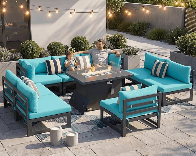 NICESOUL 9 Piece Modern Aluminum Patio Furniture Set with Fire Pit Table, 500 lbs Heavy Duty Outdoor Sectional Sofa, 29" Deep Wide Oversized Seating L Shaped Conversation Couch for Garden, Turquoise