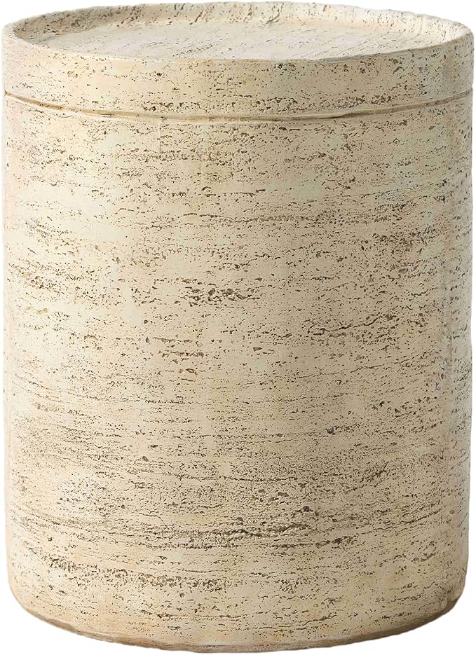COSIEST Outdoor Side Table, Cylinder Shaped MgO Patio End Table, Lightweight Accent Table with Tray Top, Round Plant Stand Tool for Garden and Deck, Beige