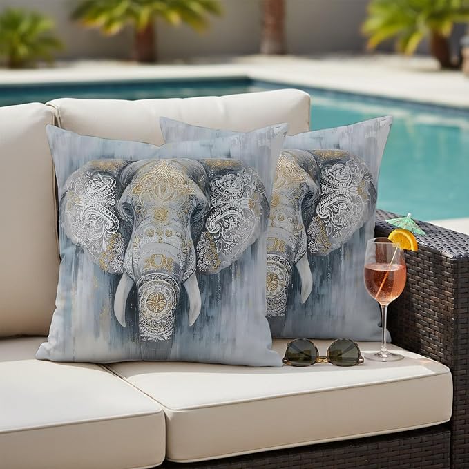 Boho Elephant Outdoor Pillow Covers 16"x16" Set of 2, Floral Pattern Animal Abstract Waterproof Throw Pillow Covers for Patio Furniture, Decorative Cushion Covers for Porch