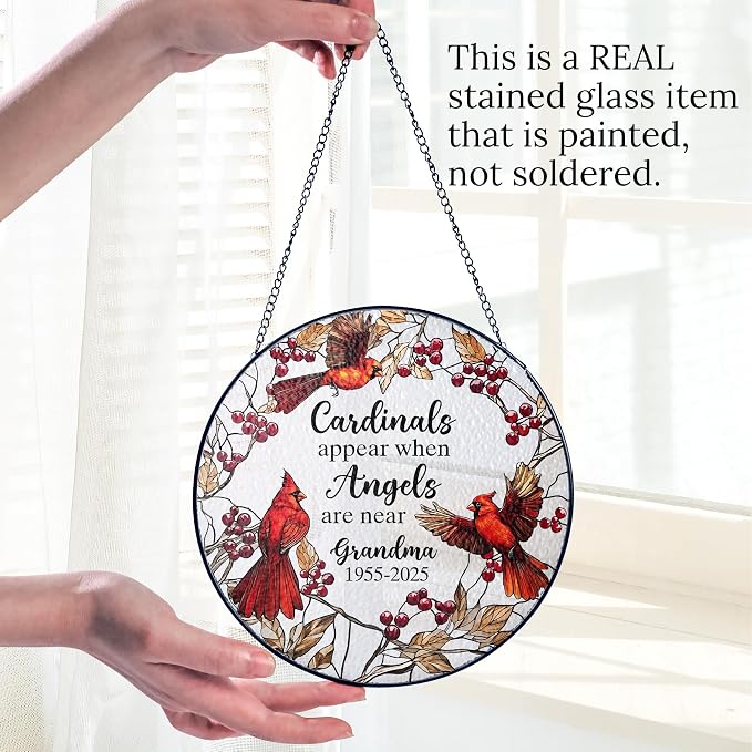 Personalized Cardinal Memorial Photo Suncatcher – “Forever in Our Hearts” Christmas Ornament – in Loving Memory Gift for Mom or Grandma from Family – Stained Glass Window Hanging Keepsake