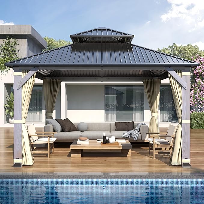 COVERONICS 12'x12' Outdoor Wood Gazebo - Hardtop Wooden Gazebo with Galvanized Steel Roof, Heavy-Duty Pavilion with Netting & Curtains for Garden, Poolside, Deck, Backyard
