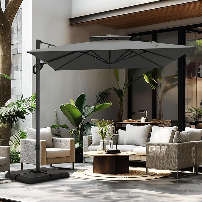 PHI VILLA 9x12 Cantilever Patio Umbrella with Base, Double Top Large Rectangular Umbrella, Heavy Duty 360° Rotation Hydraulic Outdoor Sun Umbrella Windproof for Pool, Garden,Grey