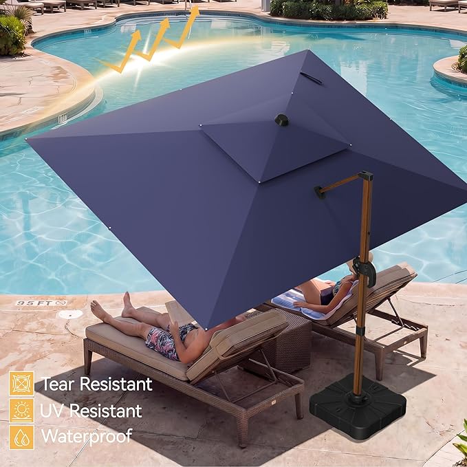 10x13 FT Wood Pattern Patio Umbrella, Large Deluxe Cantilever Rectangular Double Top Heavy Duty Offset Umbrellas with 360° Rotation, Outdoor shade for Garden Deck Pool Patio, Navy