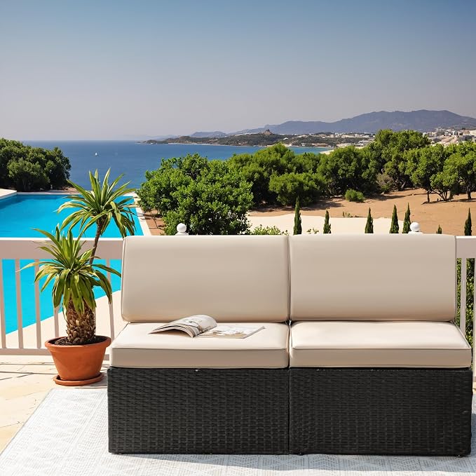 Greesum 2 Piece Patio Conversation Set Wicker Rattan Furniture Outdoor Sofa with Cushions,Pillows for Porch,Lawn and Yard, Beige