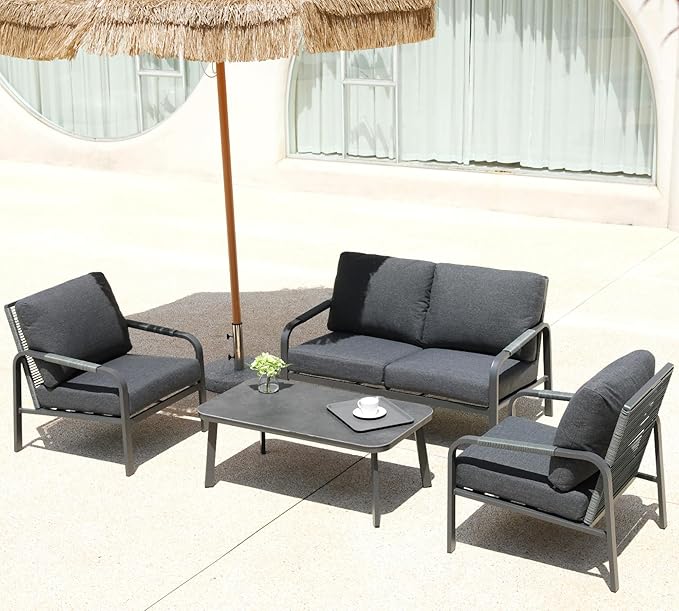 Aluminum Outdoor Patio Furniture Set,4-Piece Sectional Sofa with Coffee Table,Washable Thick Cushions,Modern Patio Conversation Set for Backyard,Garden,Porch,Balcony,Deck,Gray
