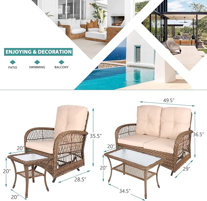 MEETWARM 5 Pieces Outdoor Wicker Patio Conversation Sets with Glider Loveseat, 2 Chairs with 2 Glass-Top Coffee Table Wicker Rocking Glider Set, Wicker Conversation Set with Thickened Cushions, Beige