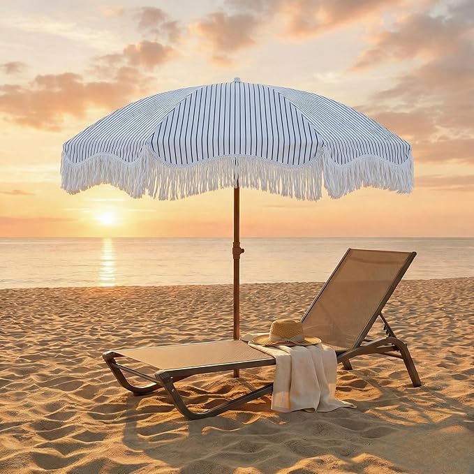 7FT Patio Umbrella with Fringe, Outdoor Tassel Umbrella with Fiberglass Ribs, Boho Beach Umbrella, Push Button Tilt and Carrying Bag, UPF50+