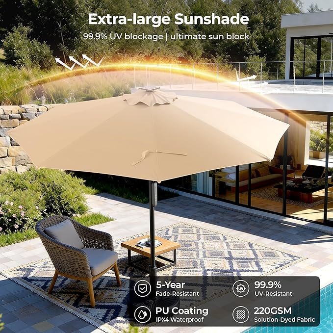 HOMSHADE 9 FT Motorized Patio Umbrella with Remote Control, Outdoor Patio Umbrella with Solar Lights, Umbrella Outdoor Patio with UPF50+ UV Protection, 5-Year Fade Resistant for Deck, Backyard, Pool