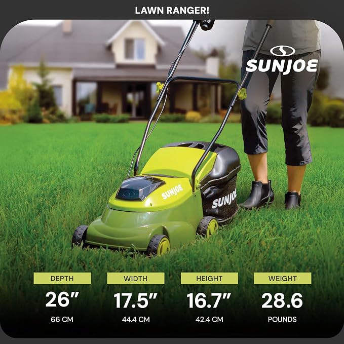 Sun Joe Walk-Behind Cordless Push Lawn Mower with 14-Inch Cutting Width, Brushless Motor, Rechargeable 4 Amp Battery and Charger, Green, 24V-MJ14C