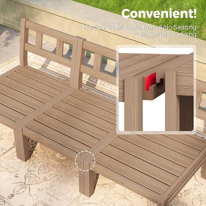 Outdoor Patio Chairs Set of 2, HIPS Modular Sectional Seatings & Thick Cushions– Side Interlock Easy to Connect, Weatherproof Patio Furniture Set for Backyard, Deck, Poolside (Teak)