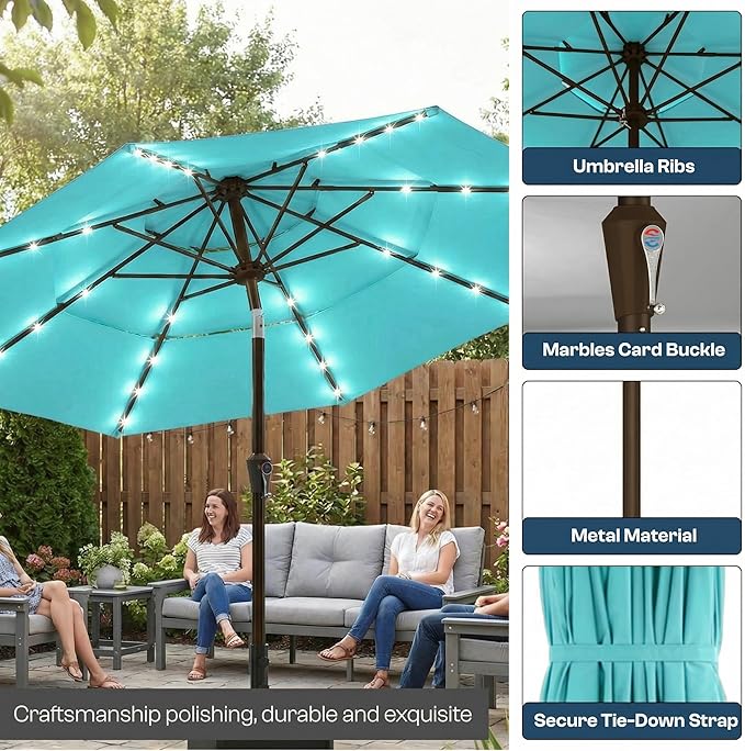 10ft 3-Tier Patio Umbrella with 32 Solar Powered LED Lights, Windproof Outdoor Market Umbrella for Deck, Poolside & Garden, Sturdy Push-Button Tilt Table Umbrella, Aqua Blue