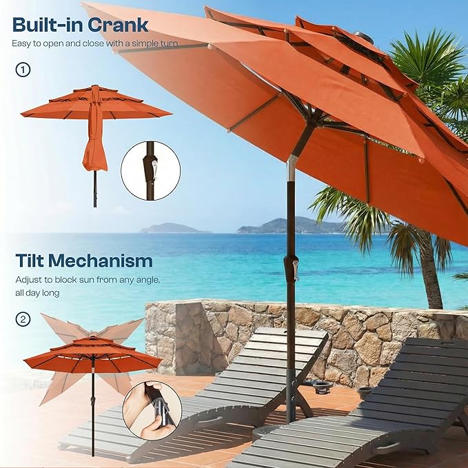 10ft Patio Umbrella, 3 Tier Outdoor Market Table Umbrellas with 8 Fiberglass Ribs and Push Button Tilt, Windproof, Vented Canopy, UV Protection for Deck, Pool, Backyard