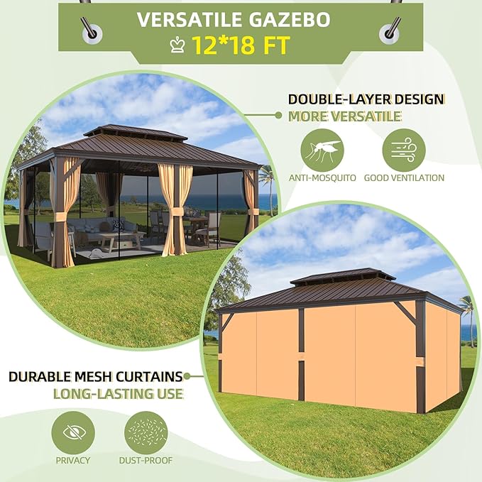 YOLENY 12'x18' Hardtop Gazebo,Galvanized Steel Metal Double Roof Gazebos with Curtain and Netting, Brown Permanent Pavilion Canopy with Aluminum Frame for Patios,Gardens,Lawns