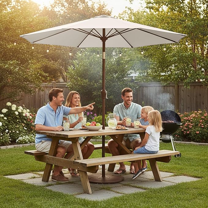 9ft Patio Umbrella with Push Button Tilt and Crank,Outdoor Market Table Umbrella UV Protection 8 Sturdy Ribs for Backyard,Garden,Pool,Deck(Creamy-white)