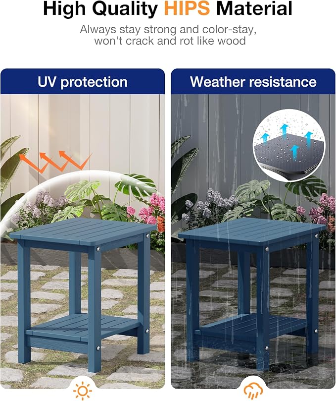 YEFU Outdoor Side Table for Patio: 16" HIPS Weather - Resistant Adirondack Tables Set of 2 - Small Square End Tables for Backyard Pool Porch Balcony - Indoor Outdoor Double Layer Table Navy Blue Blue