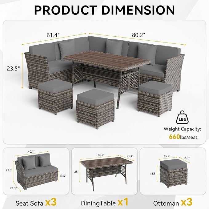 Patio Furniture Set, 7 Pieces Outdoor Dining Sets, All Weather Rattan Conversation Set, Outdoor Dining Sectional Sofa with Large Dining Table, Ottoman (White Black-Light Grey, A-7 Pieces)