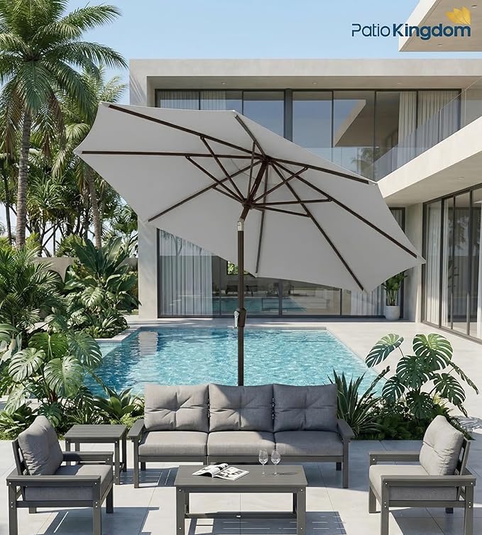 PatioKingdom 9FT Patio Outdoor Umbrella-UPF 50+ Sun Shade with Wind Vent, Push-Button Tilt & Smooth Crank Lift, Rust-Resistant Fiberglass Frame for Garden, Backyard,Yard (Light Gray)