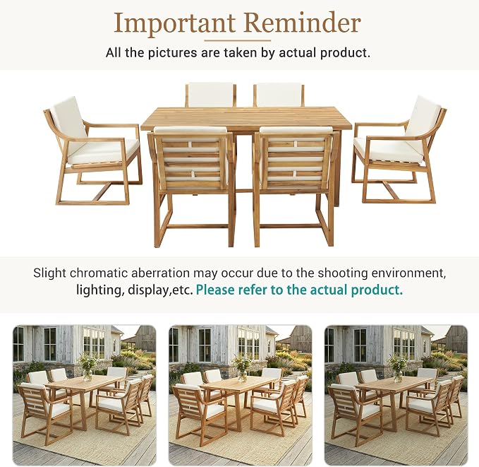 Merax 7-Piece Patio Dining Set, Acacia Wood Rectangular Dining Table and Chairs Set with Cushions, Outdoor Furniture Set for Backyard, Garden, Poolside,Light Teak