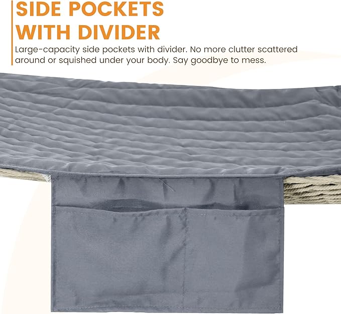 Lazy Daze Hammocks Rope Hammock with Pad, Spreader Bar, Carabiners, Tree Straps, Chains for Outside Patio- Max 450 Lbs, Grey