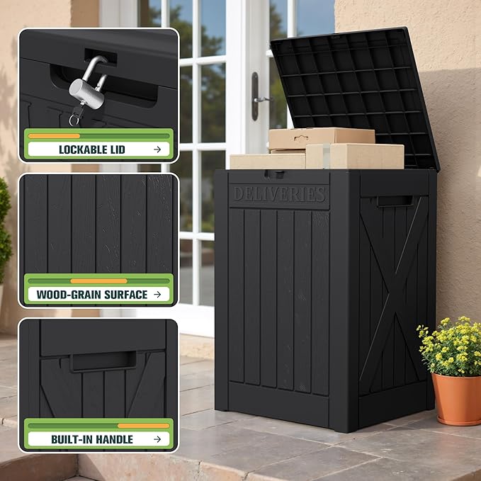Greesum 52 Gallon Large Outdoor Package Delivery Box for Porch, Lockable Secure Double-Wall Resin Storage Box, Waterproof Deck Box for Package Protection, Black