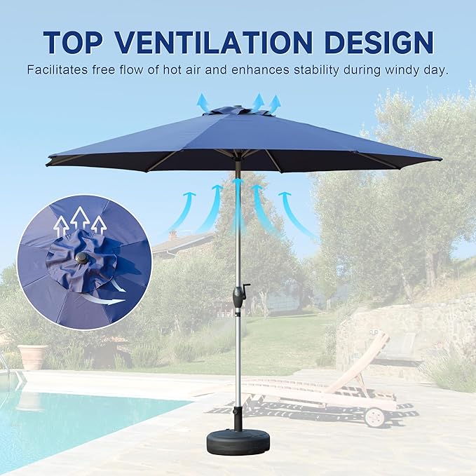 Domi 9FT Patio Umbrella Outdoor Market Umbrella with Silver Aluminum Pole, UV Resistant Canopy, Wind Vent, Tilt & Crank System, Perfect for Patio, Garden, Deck, Pool, Outdoor Dining, Navy Blue