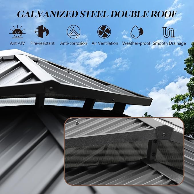 GARTOO 12'x12' Outdoor Hardtop Gazebo with Double Roof - Heavy-Duty Galvanized Steel Top Aluminum Frame Gazebo with Breathable Netting & Privacy Curtain for Patio, Porch, Garden, Lawn, Deck, Backyard