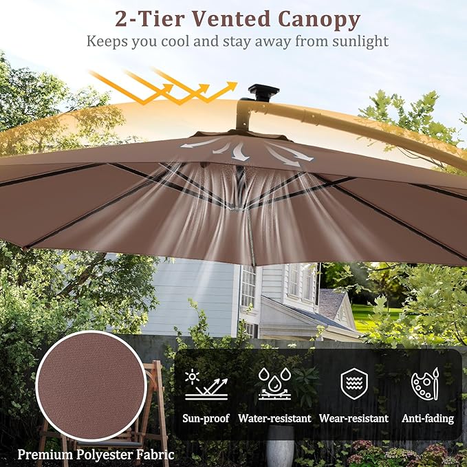 HAPPYGRILL 10 FT Offset Hanging Umbrella with Multi-Colored Flowing LED Lights, 9 Light Modes, Outdoor Patio Cantilever Umbrella with Base, Easy Tilt, 360° Rotation, Crank