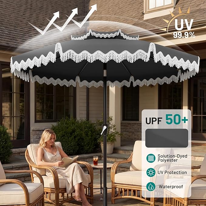 AreShark 9FT Patio Umbrella with Fringe, Wind-Resistant Fiberglass 8 Ribs Tassel Outdoor Umbrella with Crank and Push Button Tilt, Double Tier Vent Sun Shade for Pool, Deck, Backyard, Gray