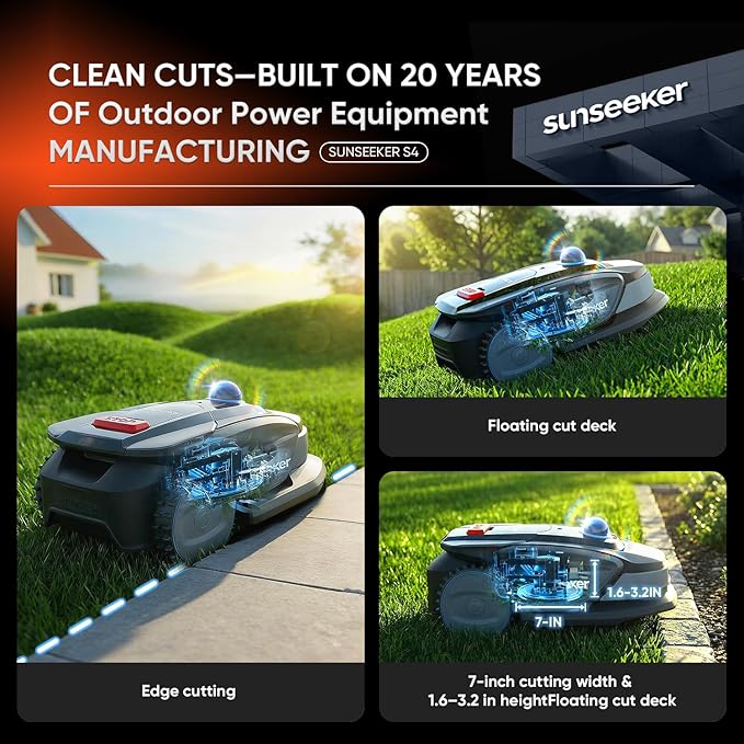 Sunseeker S4 LiDAR Robot Lawn Mower for Up to 0.25 Acre (1000 m²), Vision AI + 360° 3D LiDAR Navigation, Wire-Free Virtual Boundary, Systematic Cutting, 42% Slope, App Control, 60 dB Quiet Mowing