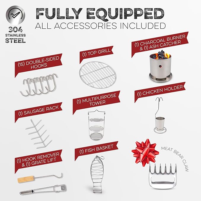 Barrel Smoker Grill Combo | 100% 304 Stainless Steel Barrel | 95% Less Smoke, Even Heat | Easy to Use & Clean – Vertical Smoker Ideal for Balconies and Backyards (LARGE-35 LBS)