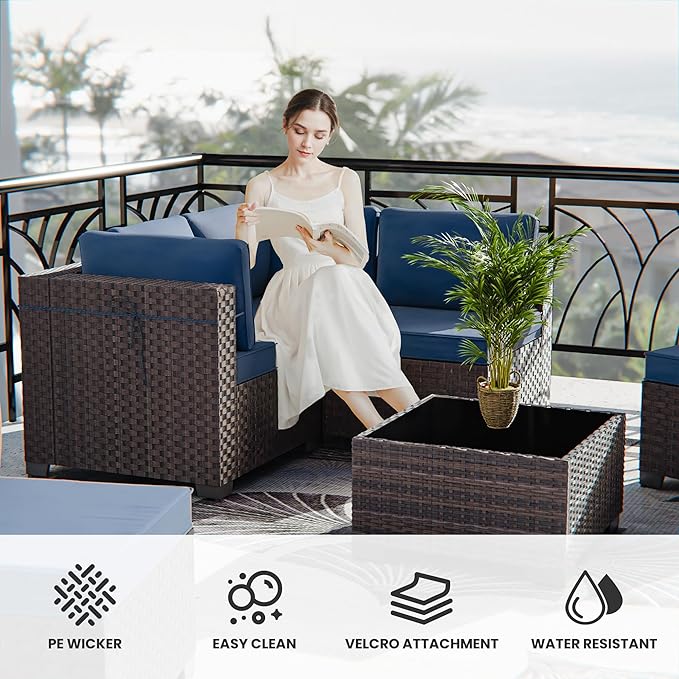 13 Pieces Outdoor Patio Furniture Set,Outdoor Sectional Furniture with 43" 55000 BTU Gas Propane Fire Pit Table,PE Rattan Wicker Patio Conversation Set with 10 Thickened Cushions,Navy Blue