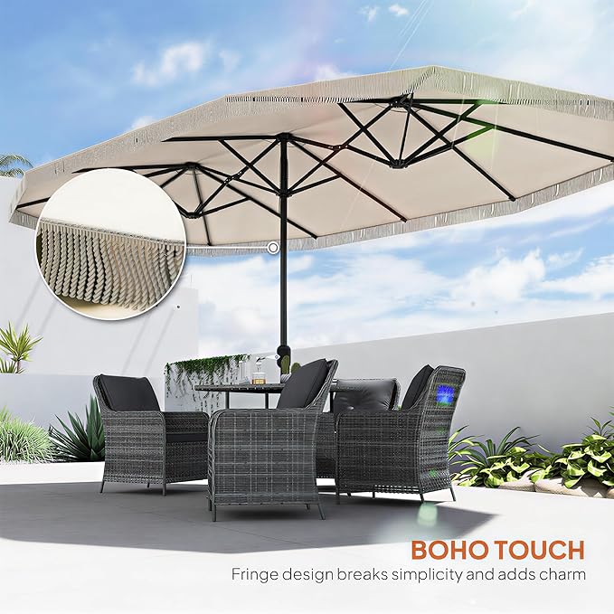 Outsunny 15FT Extra Large Patio Umbrella with Fringe, UPF30+ Double-Sided Market Umbrella with Easy Crank Handle, 2 Vents for Garden Pool Lawn