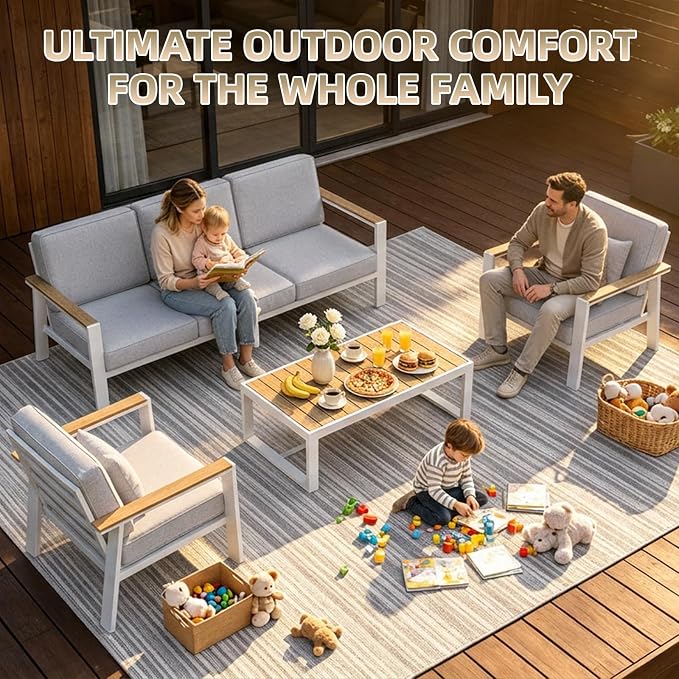 Premium Aluminum Patio Furniture Set 4 Piece,Outdoor Conversation Set with Wide Armrest,5" Thick Cushions, Olefin Fabric,Rustproof Metal Frame,Deep Seating Patio Sofa Set for Backyard,Deck,villa,White