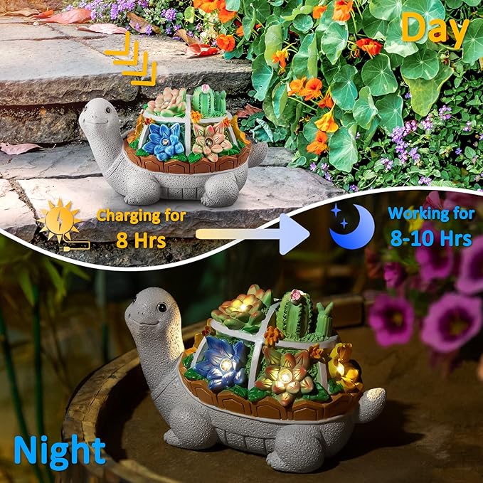 LESES Garden Statues, Turtle Solar Garden Outdoor Statues Lawn Ornaments with Cactus & LED Lights, Tortoise Figurines Outdoor Clearance Funny Decorations for Patio Balcony