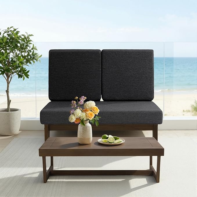 UIXE 2 Pieces All Weather Wood Patio Furniture Sets, Patio Loveseat Outdoor Sofa with Solid Wooden Coffee Table - Dark Gray