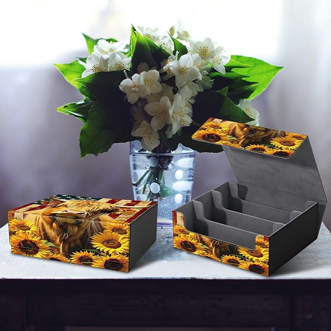 Large Card Deck Box for MTG, Fits 1200+ Sleeved Cards, PU Leather Storage Case with Strong Magnetic Closure, Multiple Colors for TCG CCG Baseball Card Collections, Yellow Cow Sunflower