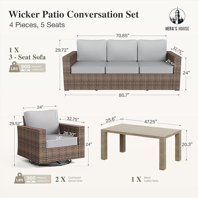 HERA'S HOUSE Patio Furniture Conversation Set, Outdoor Swivel Glide Wicker Chairs with 4.92" Widened Armrest, 4 Pieces Deep Seating Yellow Rattan Sofa with 5.5" Gray Cushions for Deck Garden Yard