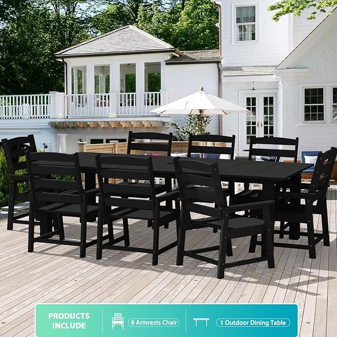 LOUNZY 9 Pieces Patio Dining Sets, 90'' Table Outdoor HDPE Furniture Set w/ 2" Hole Cut-Out Dining Table with 8 Patio Chairs for Lawn, Pool and Yard, Black