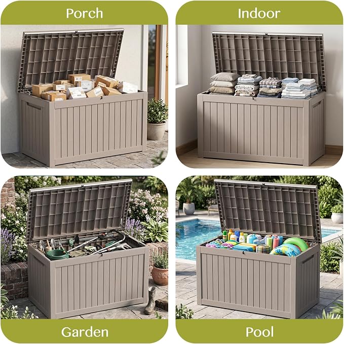Waterproof Outdoor Storage Box Outside Deck Box Lockable Resin Bench UV Resistant Furniture Cushion Pool Tool Float Bin Patio Garden Porch (Grey, 325 Gallon)