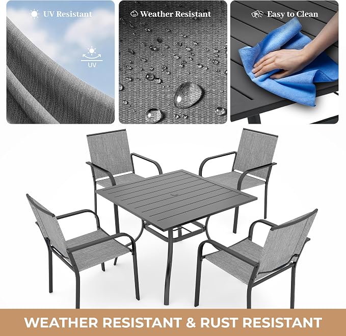 Anmutig 5 Pieces Patio Dining Set, Outdoor Furniture Set Includes 1 Square Patio Table and 4 Stackable Patio Chairs, Outdoor Table and Grey Chairs for Garden Backyard Deck