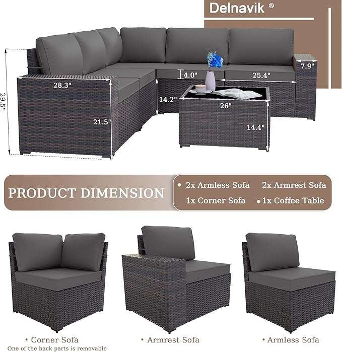 Patio Furniture Set Sofa 6-Pieces Wicker Sectional Sofa Set, Outdoor Furniture Rattan Patio Conversation Set with Thickened Cushion and Glass Coffee Table, Grey