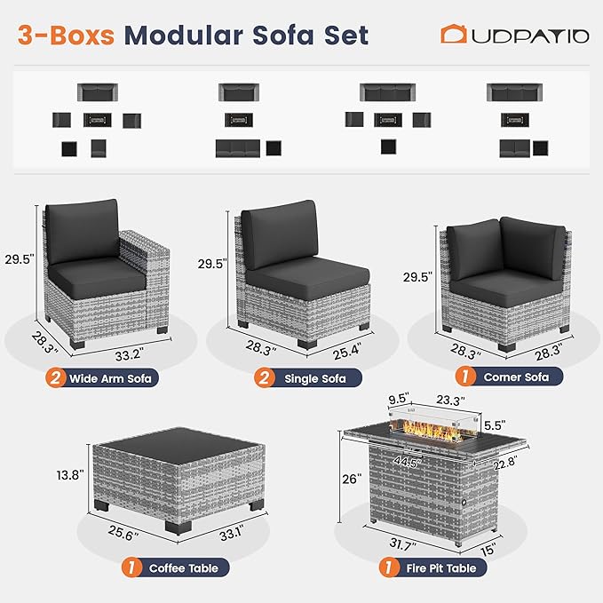 UDPATIO Patio Sectional Sofa with Fire Pit Table, 8 Inch Armrest 7-Piece Wicker Conversation with Waterproof Cover for Backyard Deck, Grey/Black