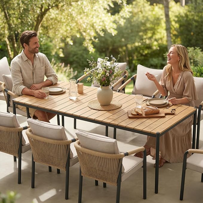 SUNSITT 82.6’’ Metal Outdoor Patio Dining Table, Weather-Resistant Large Outdoor Rectangle Table/WPC Tabletop & Adjustable Feet for 6-8 Person Porch Deck Garden, Black