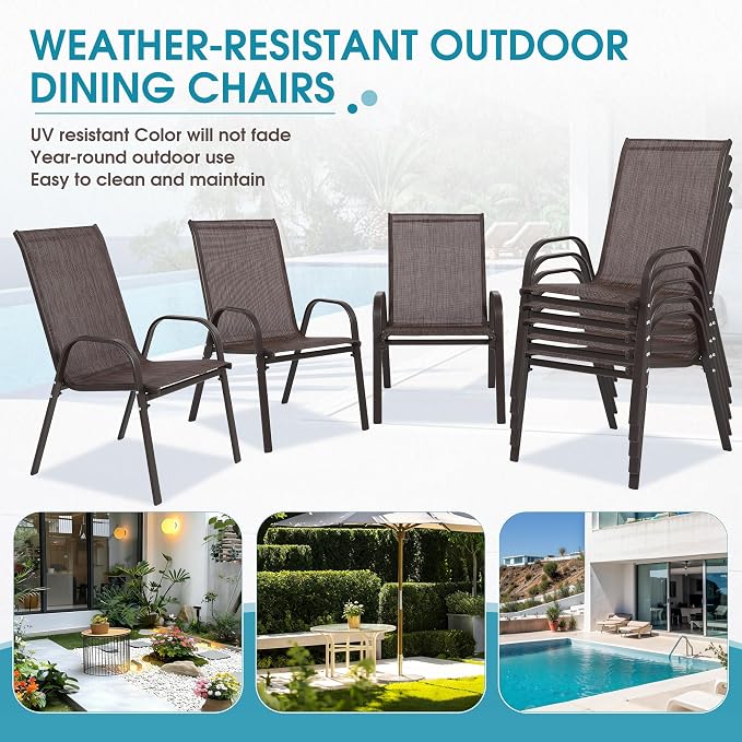 24.4" Wide Outdoor Stackable Chairs Set of 8, Stacking Patio Chairs with Textilene Fabric, Outside Furniture for Garden Backyard Balconie Poolside Deck, Brown