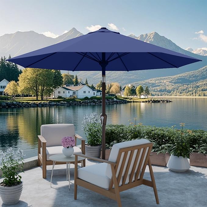 PatioKingdom Auto-Tilt 9FT Patio Umbrella Outdoor with 8 Sturdy Fiberglass Ribs,Market Table Umbrella for Pool,Backyard,Deck and Garden (Navy)